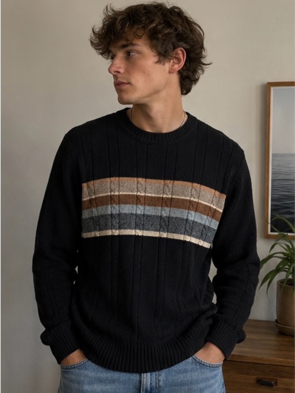 Geoffrey Beene Vintage Cotton Crewneck Sweater Men’s Large Black Striped Knit